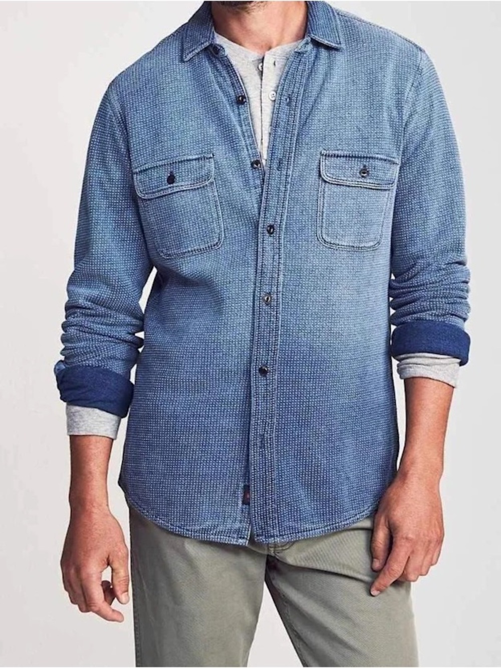 Faherty Men’s Knit Dobby Indigo Dyed Work Shirt | 18 Year Wash | Small